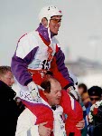 Canada's Nicolas Fontaine (left) and  Philippe Laroche celebrate their gold and silver medal wins in the men's freestyle ski event at the 1992 Albertville Olympic winter Games. (CP PHOTO/COA/Scott Grant)