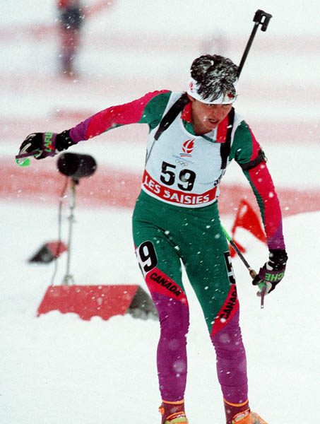 Canada's Lise Meloche competing in the biathlon event at the 1992 Albertville Olympic winter Games. (CP PHOTO/COA/Ted Grant)