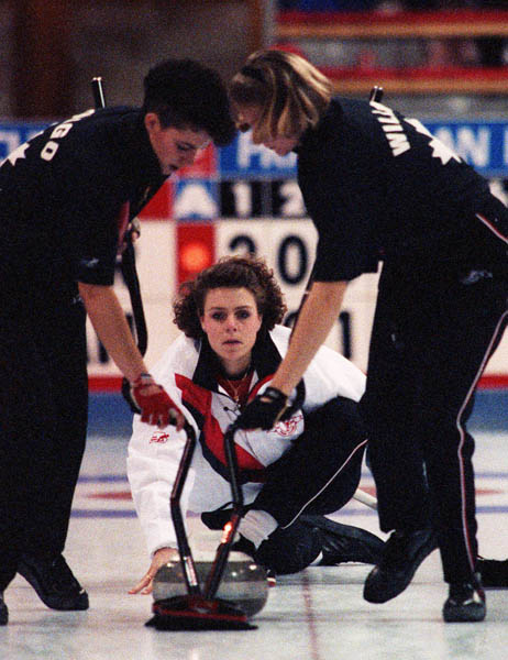 Canada's Melissa Soligo (left) Julie Sutton (centre) and Karri Willms competing in the curling event at the 1992 Albertville Olympic winter Games. (CP PHOTO/COA/Ted Grant)