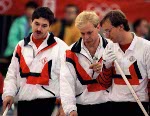 Canadian men's curling lead Don Bartlett tries to place his stone. Canadian Team lost  6 - 5 in the gold medal game against Norway during the 2002 Olympic Winter Games at Ogden, Utah, Friday Feb. 22, 2002 . (CP PHOTO/COA/Mike Ridewood).