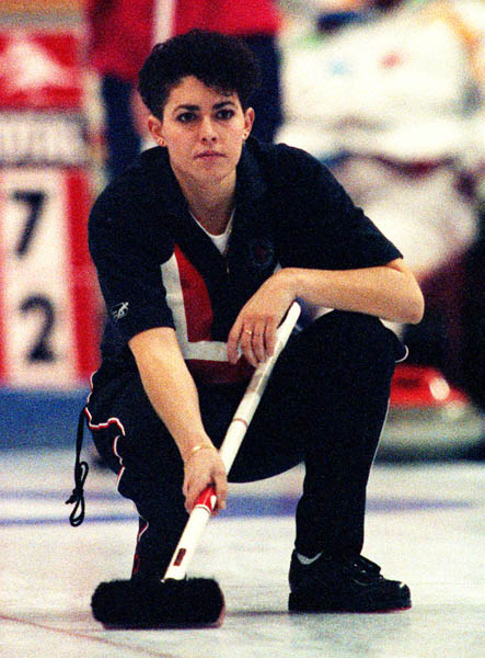 Canada's Melissa Soligo competing in the curling event at the 1992 Albertville Olympic winter Games. (CP PHOTO/COA/Ted Grant)
