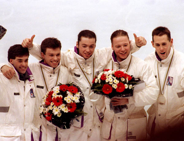 Canada's short track speed skating relay team silver medal winners from left; Coach Guy Daignault, Michel Daignault, Frederic Blackburn, Sylvain Gagnon, and Mark Lackie at the 1992 Albertville Olympic winter Games. (CP PHOTO/COA/Ted Grant)