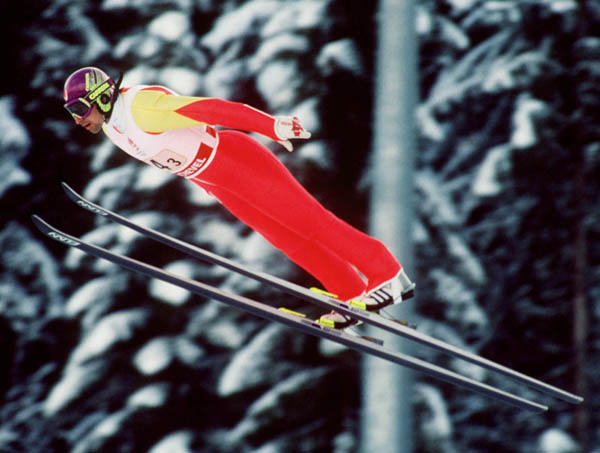 Canada's Ron Richards competing in the ski jumping event at the 1992 Albertville Olympic winter Games. (CP PHOTO/COA/Scott Grant)