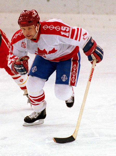 Canada's Tod Brost competing in the Gold Medal game against the Unified Team in which Canada won Silver at the 1992 Albertville Olympic winter Games. (CP PHOTO/COA/Scott Grant)