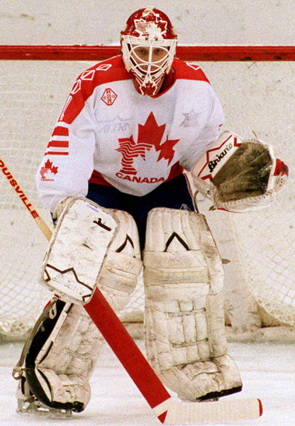 Canada's Sean Burke competing in the Gold Medal game against the Unified Team in which Canada won Silver at the 1992 Albertville Olympic winter Games. (CP PHOTO/COA/Scott Grant)