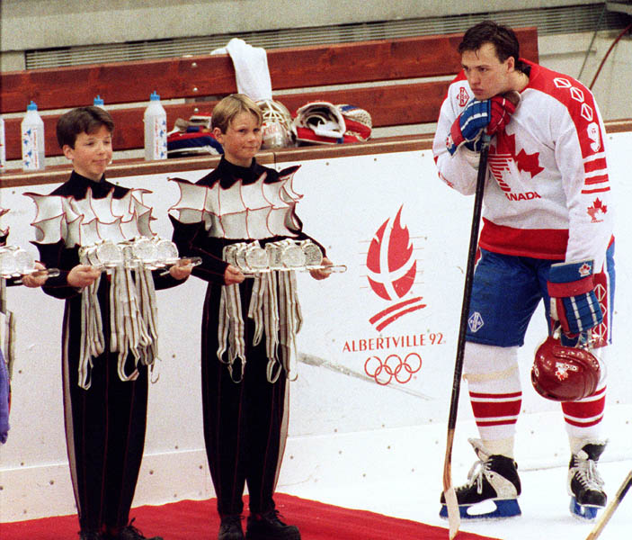 Canada's Joe Juneau after competing in the Gold Medal game against the Unified Team in which Canada won Silver at the 1992 Albertville Olympic winter Games. (CP PHOTO/COA/Scott Grant)