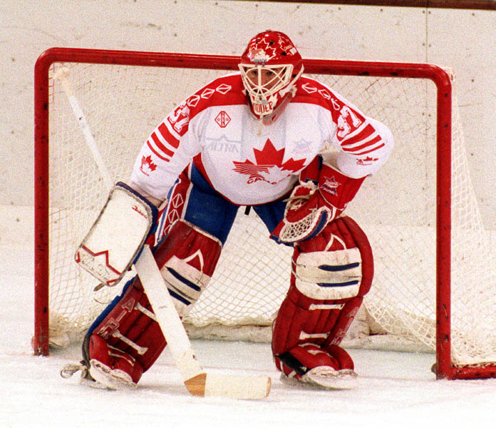 Canada's Trevor Kidd competing in the Gold Medal game against the Unified Team in which Canada won Silver at the 1992 Albertville Olympic winter Games. (CP PHOTO/COA/Scott Grant)