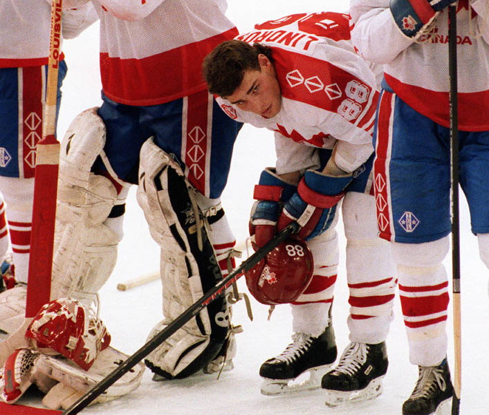 Canada's Eric Lindros after competing in the Gold Medal game against the Unified Team in which Canada won Silver at the 1992 Albertville Olympic winter Games. (CP PHOTO/COA/Scott Grant)