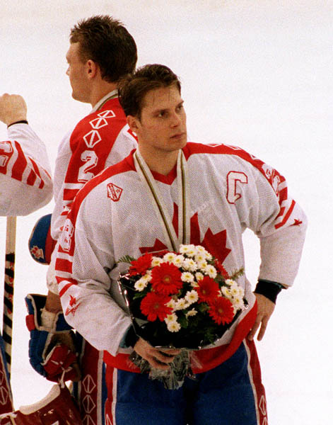Canada's Brad Schlegel competing in the Gold Medal game against the Unified Team in which Canada won Silver at the 1992 Albertville Olympic winter Games. (CP PHOTO/COA/Scott Grant)
