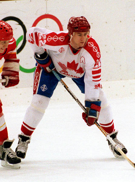 Canada's Randy Smith competing in the Gold Medal game against the Unified Team in which Canada won Silver at the 1992 Albertville Olympic winter Games. (CP PHOTO/COA/Scott Grant)
