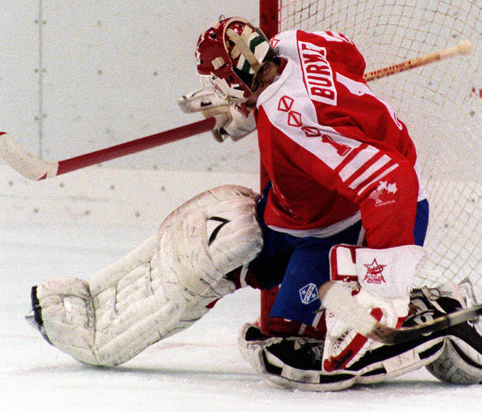 Canada's Sean Burke competing in the hockey event against France at the 1992 Albertville Olympic winter Games. (CP PHOTO/COA/Scott Grant)