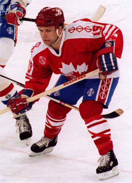 Canada's Curt Giles competing in the hockey event against France at the 1992 Albertville Olympic winter Games. (CP PHOTO/COA/Scott Grant)