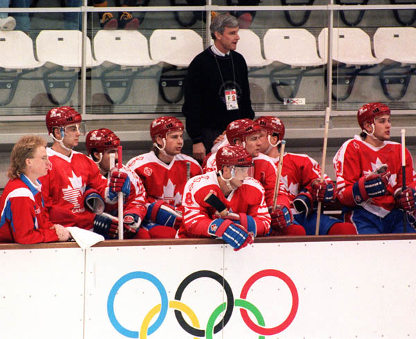 Canada's men's hockey team competing in the hockey event against France at the 1992 Albertville Olympic winter Games. (CP PHOTO/COA/Scott Grant)