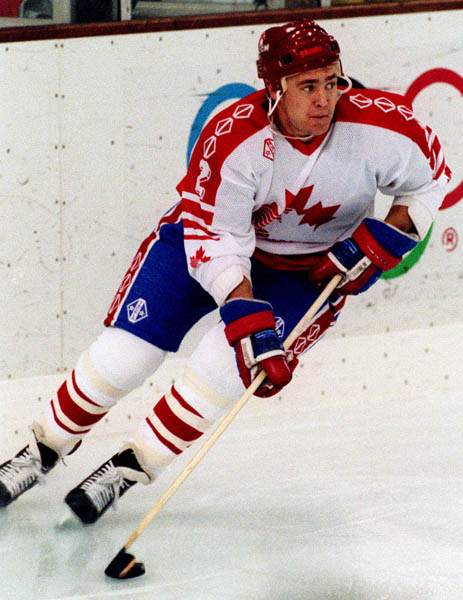 Canada's Dan Ratushny competing in the hockey event against Norway at the 1992 Albertville Olympic winter Games. (CP PHOTO/COA/Scott Grant)
