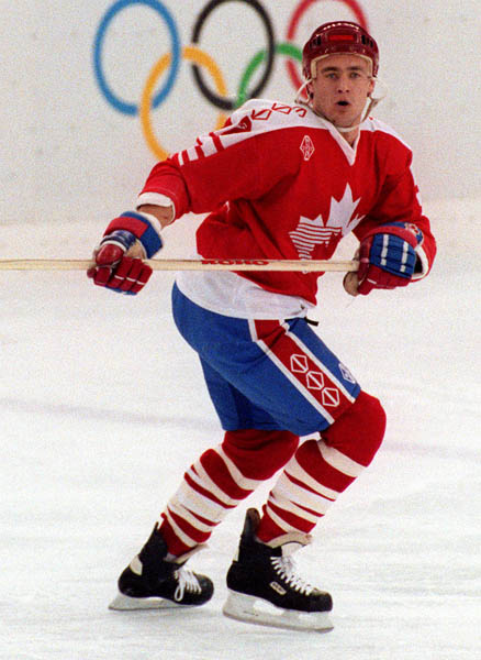 Canada's Dan Ratushny competing in the hockey event against France at the 1992 Albertville Olympic winter Games. (CP PHOTO/COA/Scott Grant)