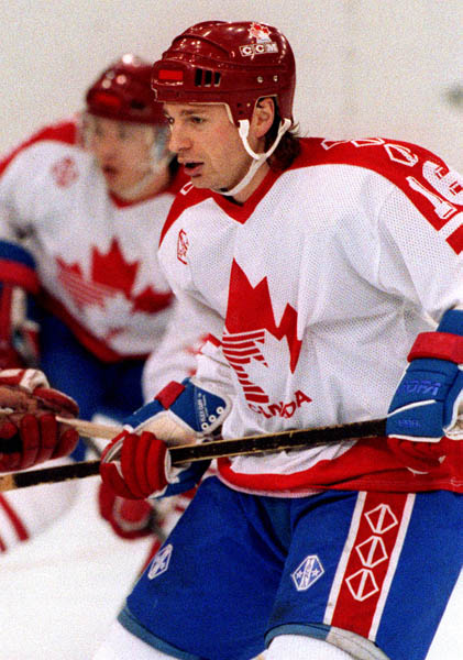 Canada's Wally Schreiber competing in the hockey event against Norway at the 1992 Albertville Olympic winter Games. (CP PHOTO/COA/Scott Grant)