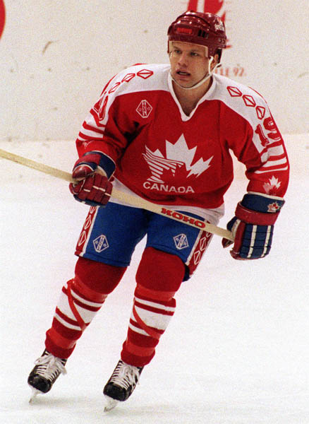 Canada's Todd Brost competing in the hockey event against Germany at the 1992 Albertville Olympic winter Games. (CP PHOTO/COA/Scott Grant)