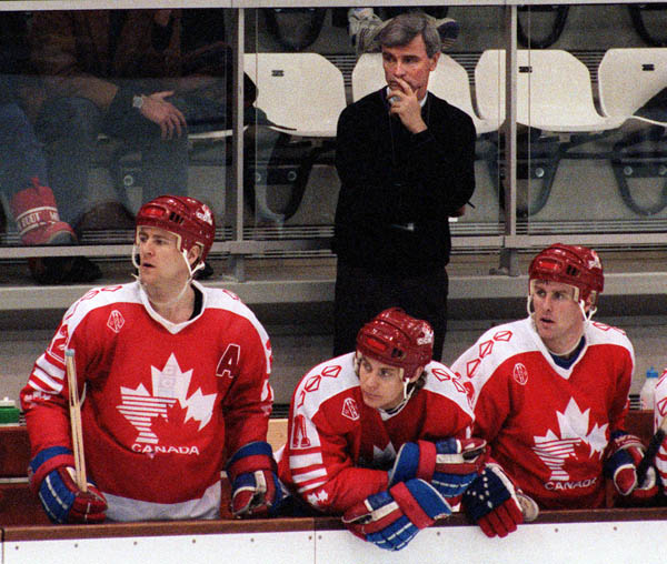 Canada's men's hockey team with coach Dave King (top) during the hockey game against Germany at the 1992 Albertville Olympic winter Games. (CP PHOTO/COA/Scott Grant)