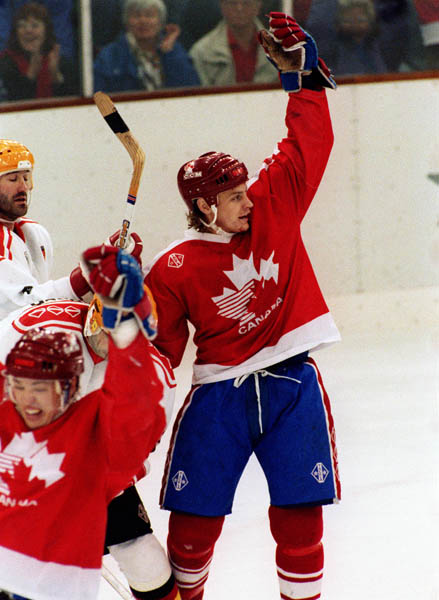Canada's Chris Lindberg competing in the hockey event against Germany at the 1992 Albertville Olympic winter Games. (CP PHOTO/COA/Scott Grant)