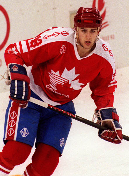 Canada's Kent Manderville competing in the hockey event against Germany at the 1992 Albertville Olympic winter Games. (CP PHOTO/COA/Scott Grant)