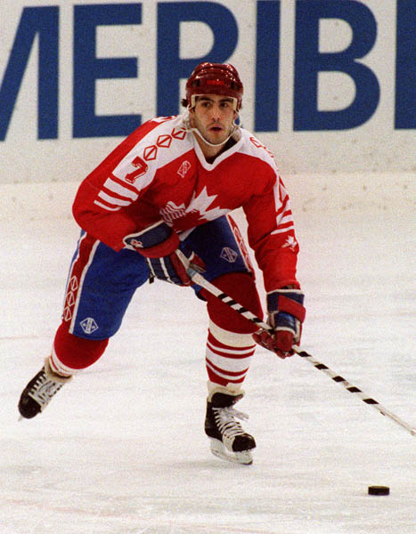 Canada's Adrien Plavsic competing in the hockey event against Germany at the 1992 Albertville Olympic winter Games. (CP PHOTO/COA/Scott Grant)