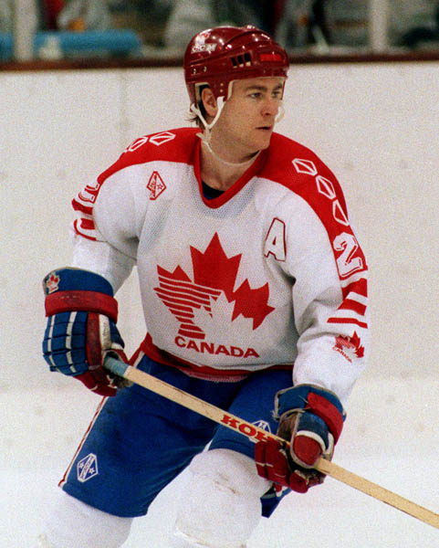 Canada's Randy Smith competing in the hockey event against Germany at the 1992 Albertville Olympic winter Games. (CP PHOTO/COA/Scott Grant)