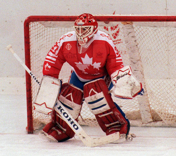 Canada's Trevor Kidd competing in the hockey event against France at the 1992 Albertville Olympic winter Games. (CP PHOTO/COA/Scott Grant)