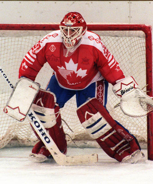 Canada's Trevor Kidd competing in the hockey event against France at the 1992 Albertville Olympic winter Games. (CP PHOTO/COA/Scott Grant)