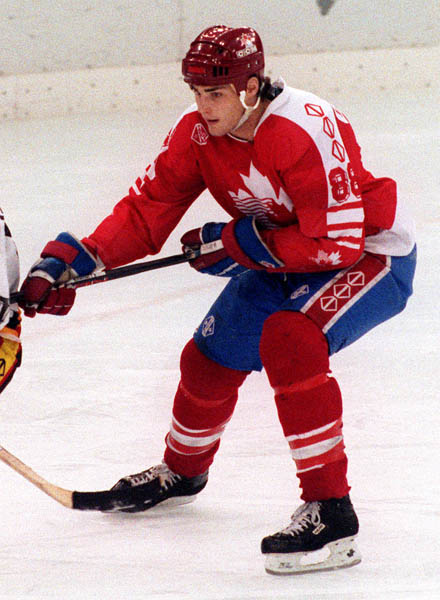 Canada's Eric Lindros competing in the hockey event against Germany at the 1992 Albertville Olympic winter Games. (CP PHOTO/COA/Scott Grant)