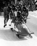 Canada's Chris Lori and crew competing in the bobsleigh event at the 1992 Albertville Olympic winter Games. (CP PHOTO/COA/Scott Grant)