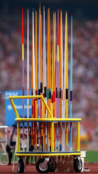 A colorful rack of Javelins at the 1992 Olympic games in Barcelona. (CP PHOTO/ COA/ Claus Andersen)
