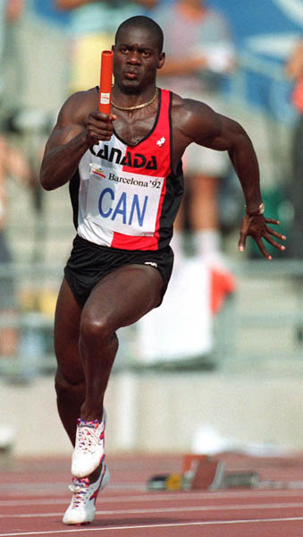 Canada's Ben Johnson competing in the 4x100m relay  event at the 1992 Olympic games in Barcelona. (CP PHOTO/ COA/ Claus Andersen)