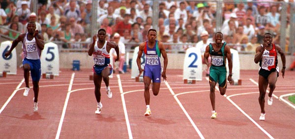 Canada's Bruny Surin (right) competing in the 400m event at the 1992 Olympic games in Barcelona. (CP PHOTO/ COA/ Claus Andersen)
