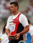 Canada's Ray Lazdins competing in the discus event at the 1992 Olympic games in Barcelona. (CP PHOTO/ COA/ Claus Andersen)