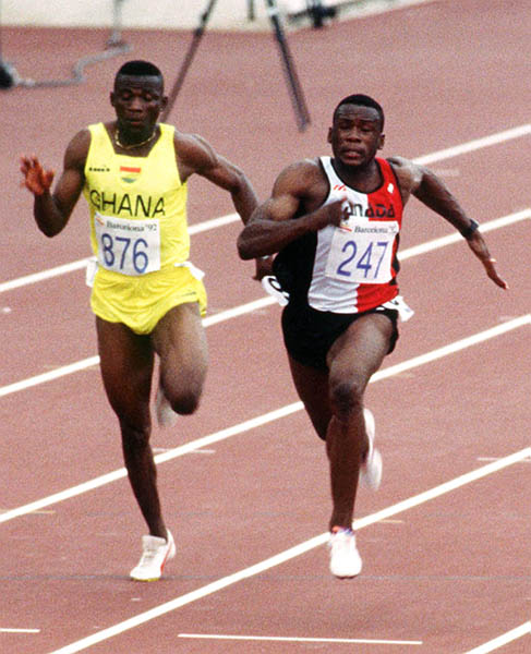 Canada's Bruny Surin (right) competing in the 100m event at the 1992 Olympic games in Barcelona. (CP PHOTO/ COA/ Claus Andersen)