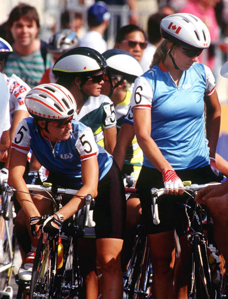 Canada's Alison Sydor (left) and Kelly-Ann Way  competing in the road event at the 1992 Olympic games in Barcelona. (CP PHOTO/ COA/ Claus Andersen)