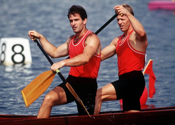 Canada's David Frost (left) and Larry Cain competing in the canoe event at the 1992 Olympic games in Barcelona. (CP PHOTO/ COA/ F.S. Grant)