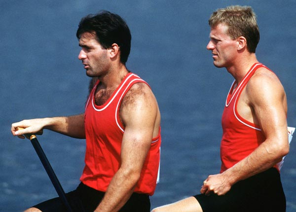 Canada's David Frost (left) and Larry Cain competing in the canoe event at the 1992 Olympic games in Barcelona. (CP PHOTO/ COA/ F.S. Grant)