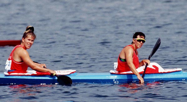 Canada's Klari MacAskill (left) and Alison Herst competing in the kayak event at the 1992 Olympic games in Barcelona. (CP PHOTO/ COA/ F.S. Grant)