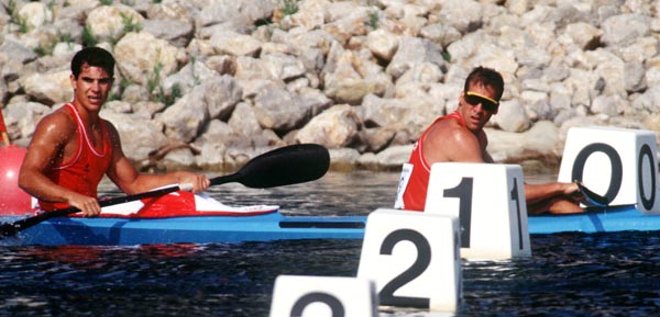 (From left to right) Canada's Jason Rusu and Ken Padvaiskas competing in the kayak event at the 1992 Olympic games in Barcelona. (CP PHOTO/ COA/ F.S. Grant)