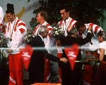 (From left to right) Canada's Mark Tewksbury, Jon Cleveland, Marcel Gery and Stephen Clarke celebrate the bronze medal they won in the men's IM swim event at the 1992 Olympic games in Barcelona. (CP PHOTO/ COA/Ted Grant)