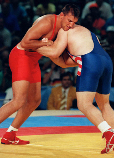 Canada's Jeff Thue (left) competing  in a wrestling event at the 1992 Olympic games in Barcelona. (CP PHOTO/ COA/ Ted Grant)