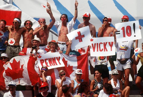Canadian fan's at the synchronized swimming event during 1992 Olympic games in Barcelona. (CP PHOTO/ COA/ Claus Andersen)