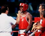 Canada's Chris Johnson (left) competing in the boxing event at the 1992 Olympic games in Barcelona. (CP PHOTO/ COA/ F.S.Grant)