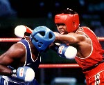 Canada's Mark Leduc competing in the boxing event at the 1992 Olympic games in Barcelona. (CP PHOTO/ COA/ F.S.Grant)