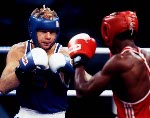 Canada's Mark Leduc celebrates the silver medal he won in the boxing event at the 1992 Olympic games in Barcelona. (CP PHOTO/ COA/ F.S.Grant)