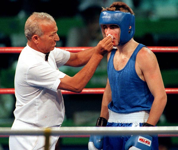 Canada's Mike Strange competing in the boxing event at the 1992 Olympic games in Barcelona. (CP PHOTO/ COA/ F.S.Grant)