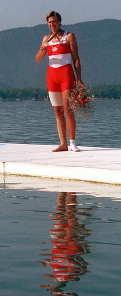 Canada's Silken Laumann celebrates the bronze medal she won in the women's 1x rowing event at the 1992 Olympic games in Barcelona. (CP PHOTO/ COA/ F.S.Grant)
