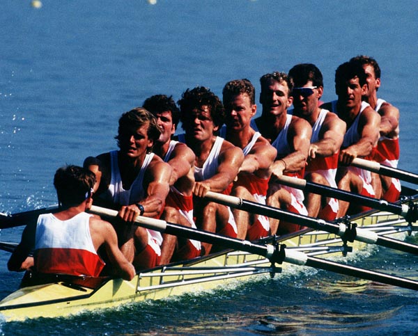 Canada's 8+ rowing team competing in the men's 8+ rowing event at the 1992 Olympic games in Barcelona. (CP PHOTO/ COA/Ted Grant)