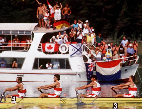 Canada's 8+ rowing team competing in the men's 8+ rowing event at the 1992 Olympic games in Barcelona. (CP PHOTO/ COA/Ted Grant)